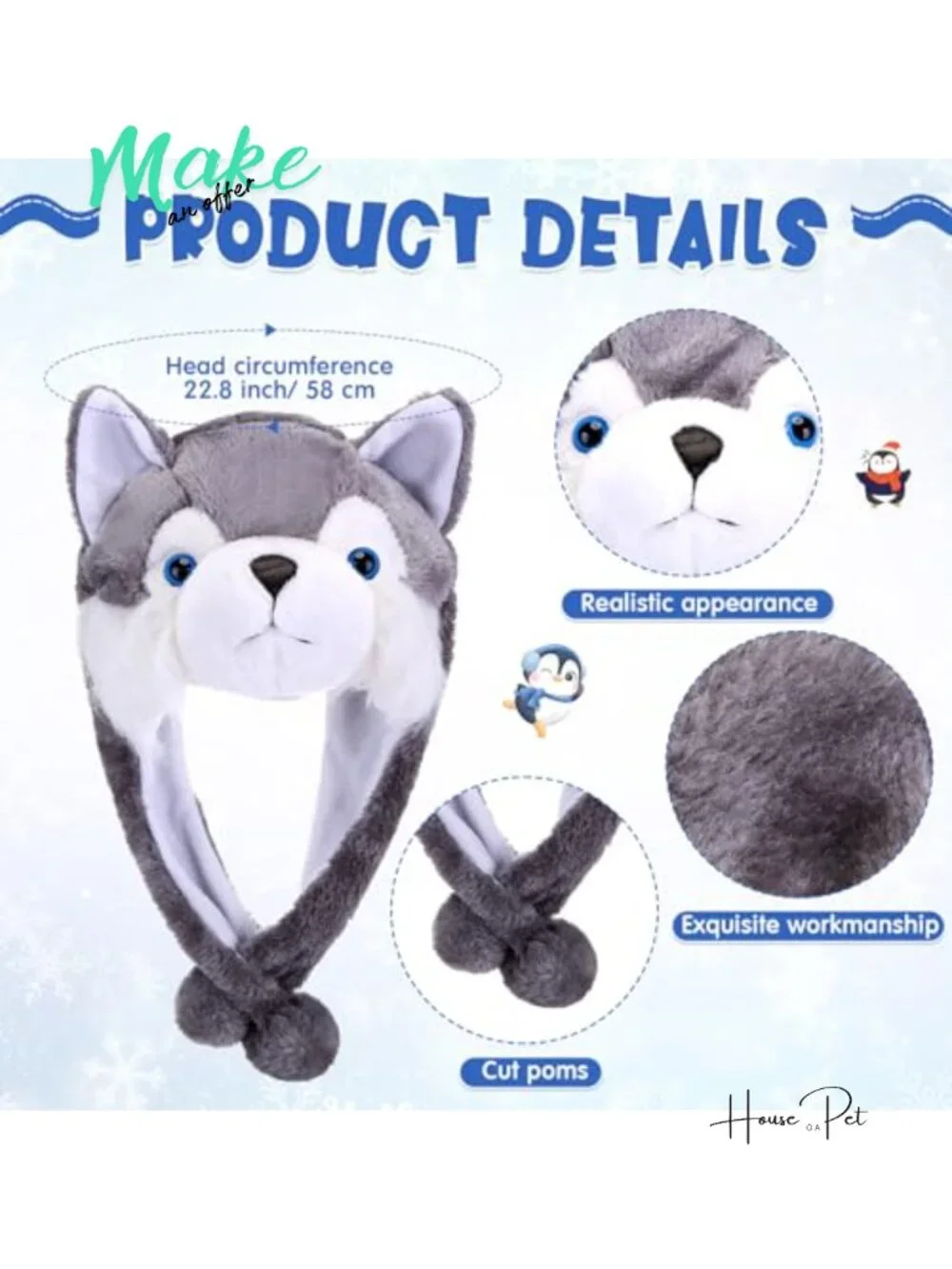 Plush Animal Winter Hats Set of 4 with Ear Flap Straps One Size
